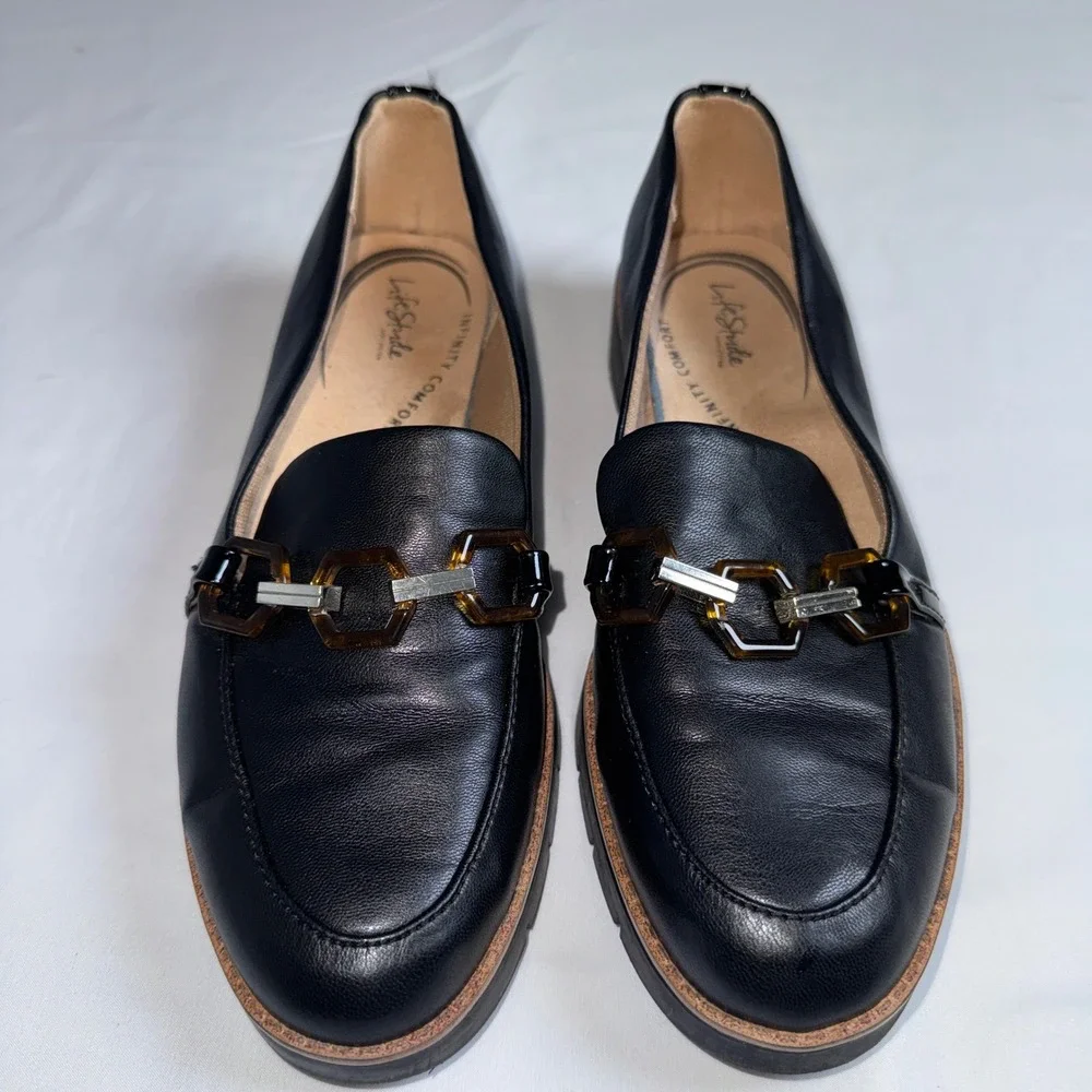 LifeStride Optimist Black Loafers Tortoise Chain Wedge Platform Shoes Womens 9M
